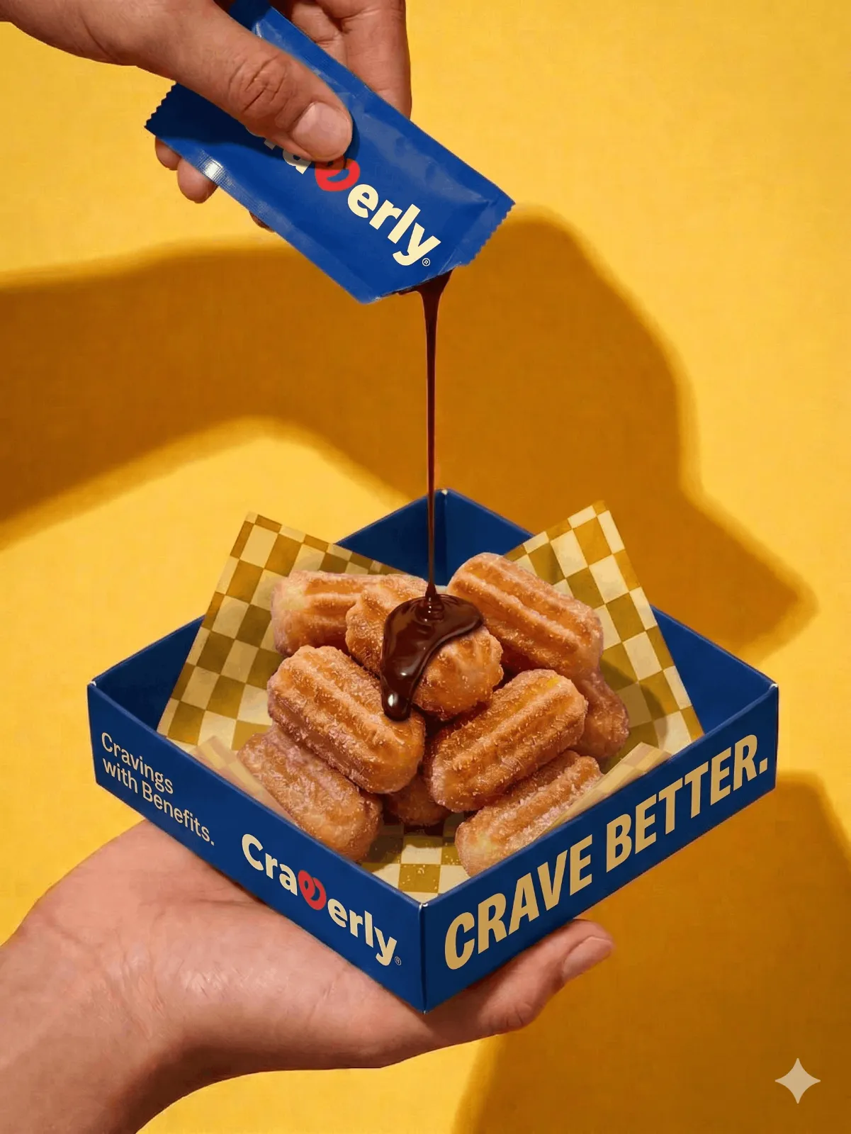 Hands holding an open box of Craverly Churro Bites with chocolate sauce poured over