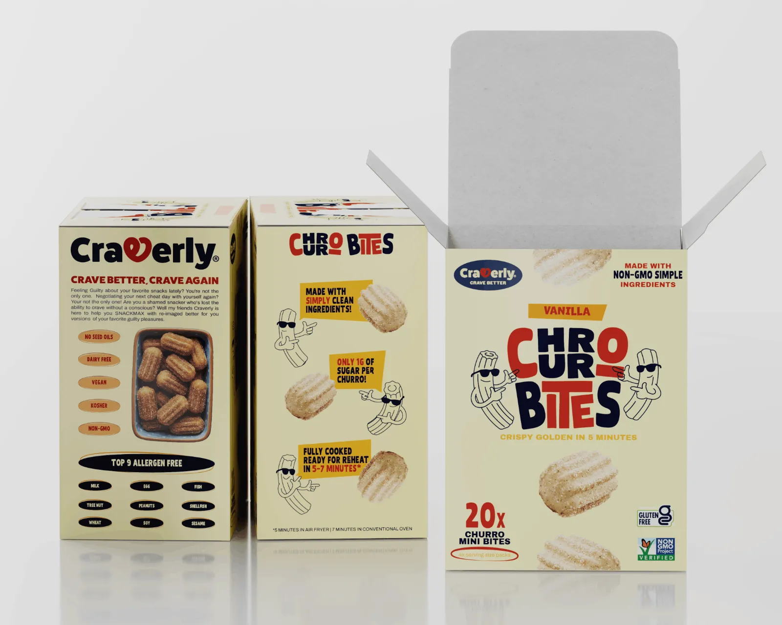 Craverly Churro Bites box showing the Top 9 allergen-free panel